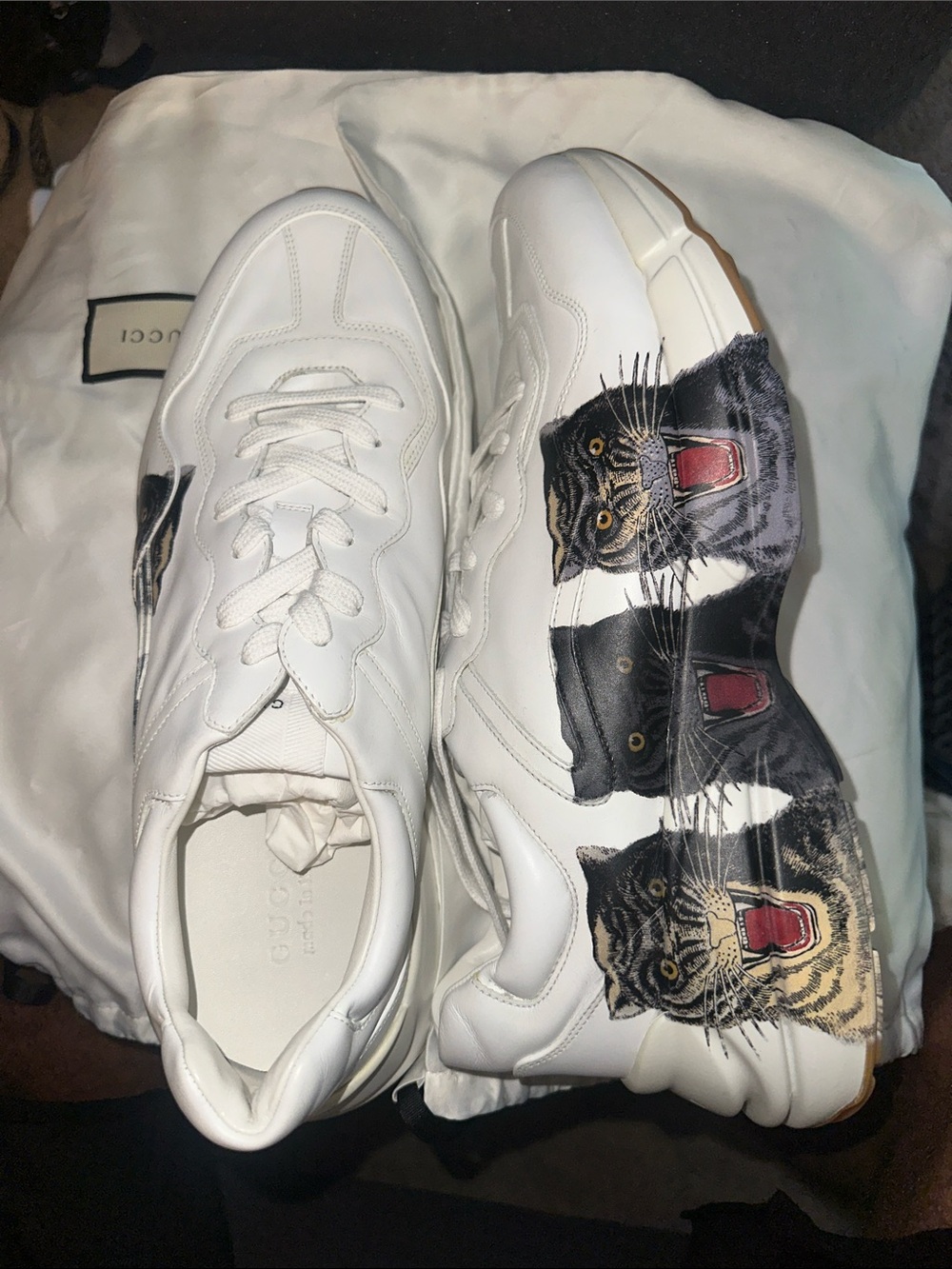 Gucci White Leather Rhyton Sneakers with Cat Motif